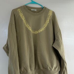 Mahina MadeOlive Green Crew Neck Sweater with Yellow puakenikeni Design